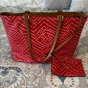 Diane Von Furstenberg Red and White Leather Tote with Pouch